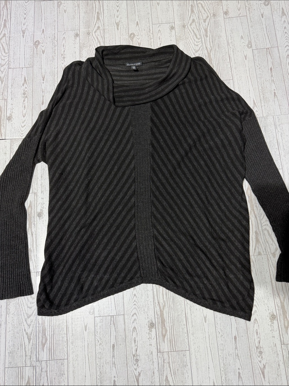 Eileen Fisher Black Striped Cowl-Neck Sweater Top